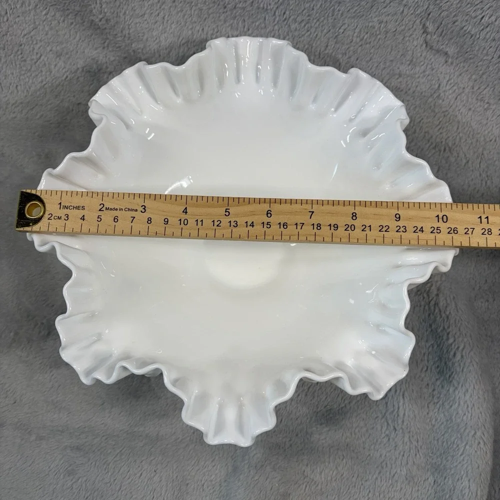 Fenton Style MCM White Hobnail Milk Glass Ruffled Edge Lg Bowl 10.5